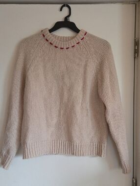 SHEIN Cream Crewneck Sweater with Red Stitch Detail